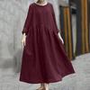 Yousheng Women's Cotton Linen Maxi Dress Long Sleeve Button Up Crewneck Long Dress with Pockets Plus Size Casual Flowy Beach Sundress