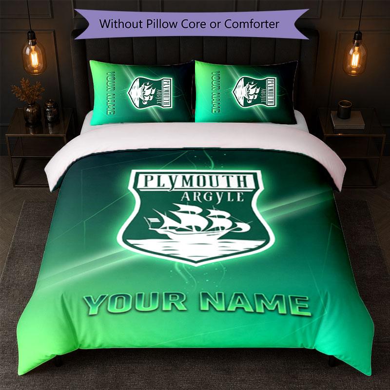 Plymouth Argyle FC Custom Name Text Bedding Set 1 Duvet Cover+2 Pillowcases Soccer Logo Personalized Gift For Special Occasion Bedroom Decor