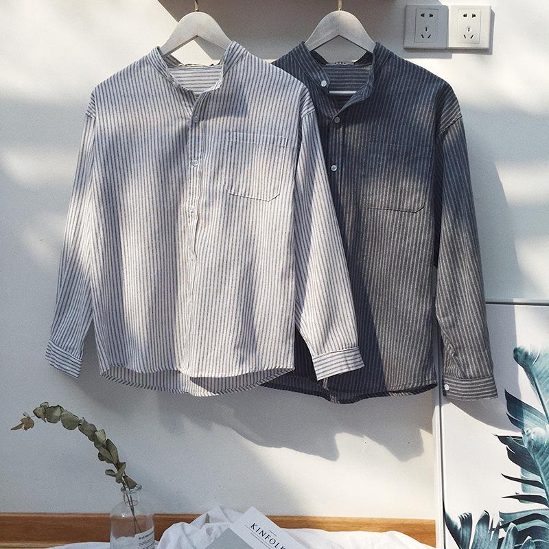 Мужская красивая полосатая белая рубашка с длинным рукавом в корейском стиле - Свободный крой, Летняя защита от солнца, Вдохновленная Гонконгом и Японией.