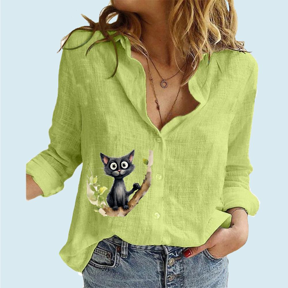 Women Fashion Buttoned Long Sleeve Shirt Ladies Casual Thin Cotton Linen Top Cat Print Long Sleeved Blouse