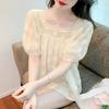 Women Summer Hollow Out Embroidered Puff Sleeve Blouse Square Neck Slimming Design Top