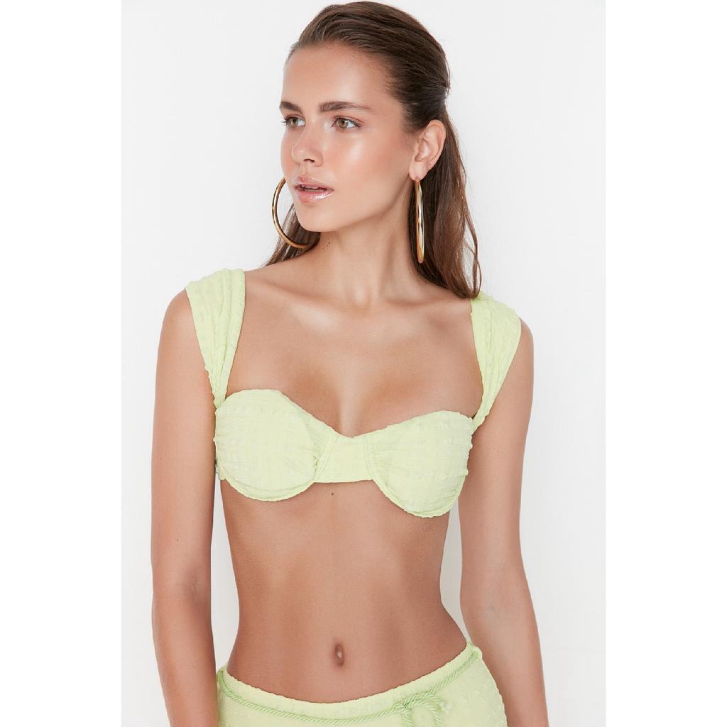 Жаккардовый текстурированный бикини-топ на косточках цвета экрю Tbess21bu0161