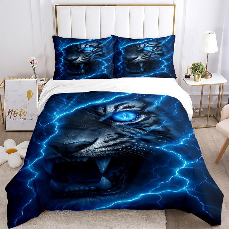 3pcs Tiger Lightning Print Duvet Cover Set - Machine Washable, Includes 1 Cover and 2 Pillowcases, No Core Included yy251013032