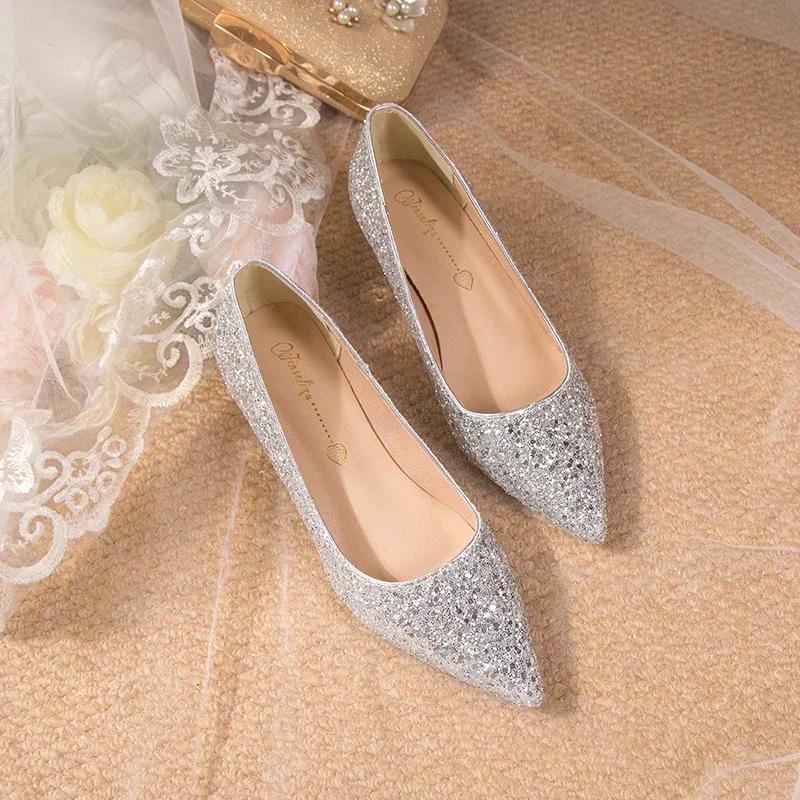 Crystal Wedding Shoes Female 2024 New Gold Bridesmaid High Heels Bridal