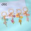 Pastoral Style Keychain Pendant with Round Imitation Pearls, Flower Butterfly Enamel Charm Decorative Key Ring, Layered Holder Zinc Alloy