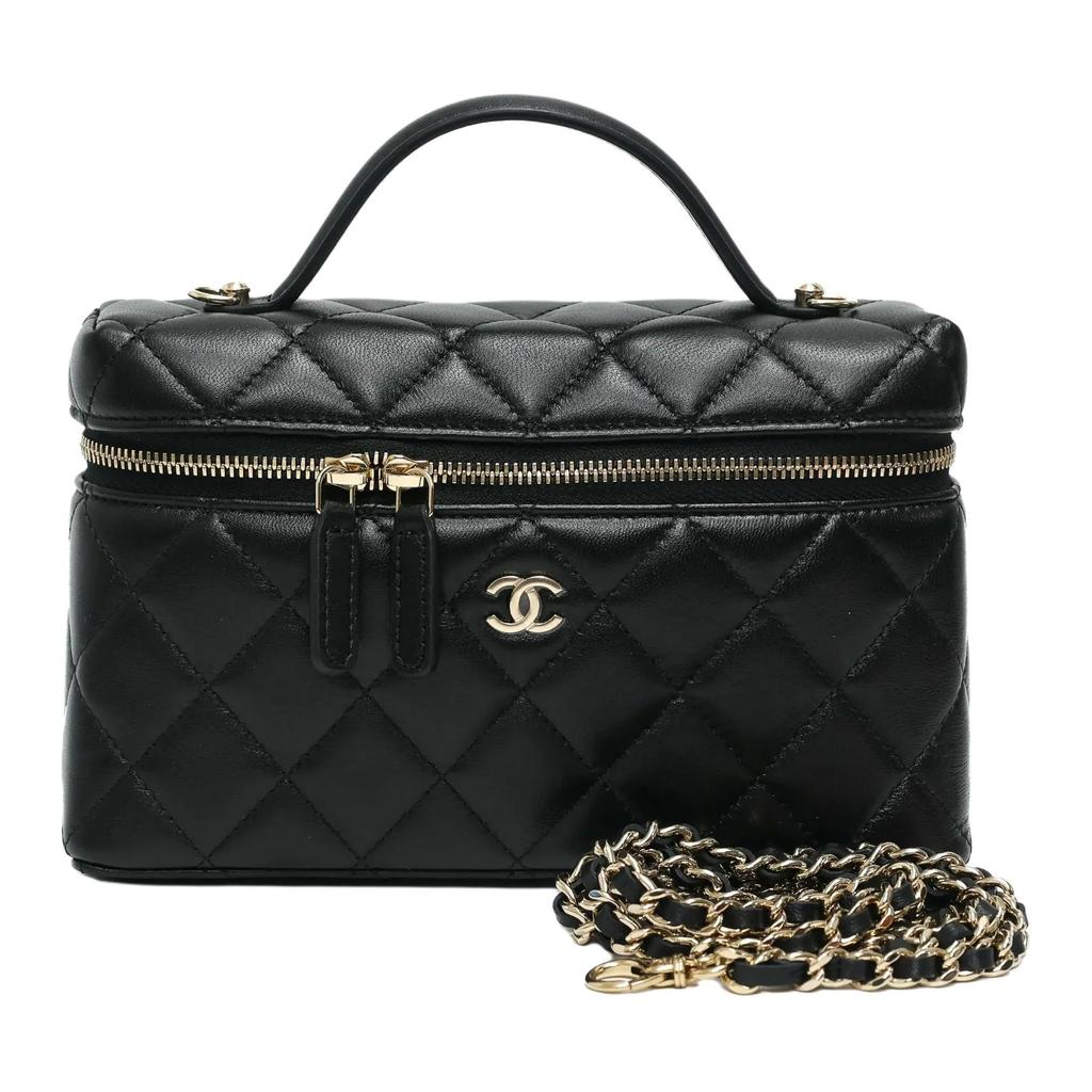 Chanel Женский черный топ, сумка-мессенджер на одно плечо, из овечьей кожи, с пряжкой из золота 25 карат, ромбовидным узором, кожаной цепочкой, фирменным логотипом и застежкой-молнией.