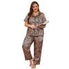 Женские спальные костюмы из искусственного шелка, большие размеры, топы на пуговицах с короткими рукавами и длинные брюки, пижамы с леопардовым принтом, лето-осень, домашняя одежда для ночного отдыха