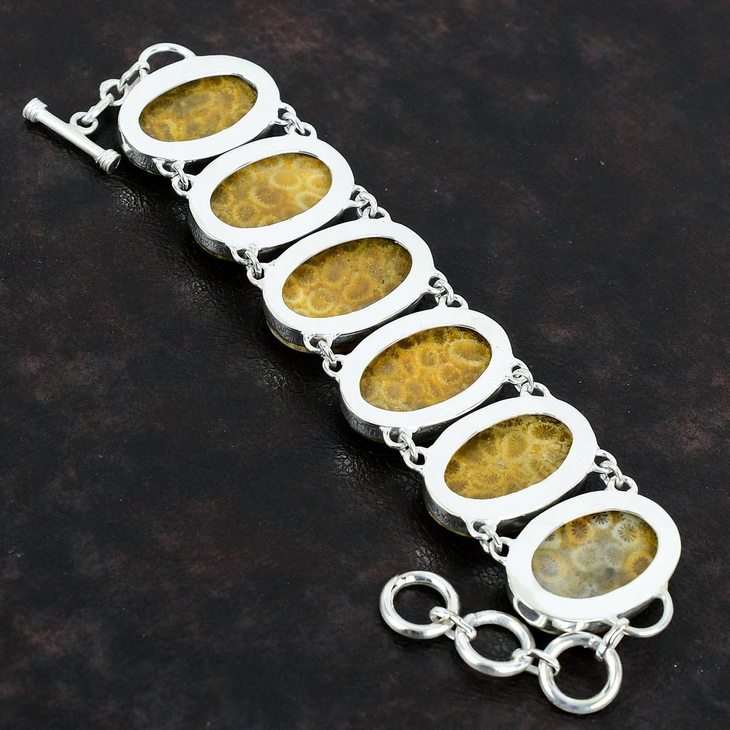 Браслет из ископаемого коралла Браслет из натурального драгоценного камня Браслет из стерлингового серебра 925 пробы Регулируемый браслет-цепочка Изящный ювелирный подарок ручной работы для жены