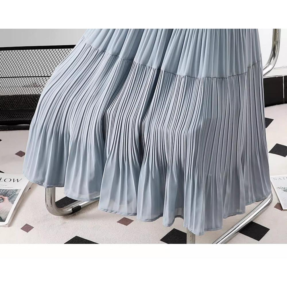 Dimanaf 2025 Summer Women New Skirts Chiffon Solid Elastic Waist Pleated Mesh Elegant Skirts
