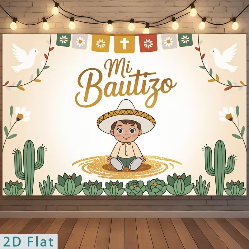 2D Mi Bautizo Photography Backdrop, Neutral Beige Cactus and Dove Baptism Background