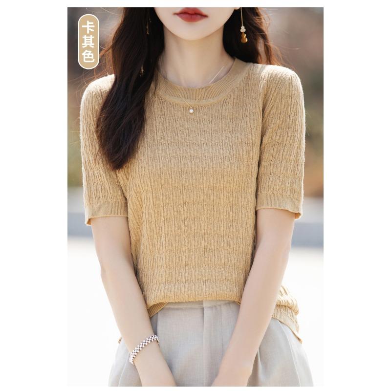 Pure Cotton Sweater Short-sleeved Women's Summer Round Neck Versatile T-shirt Twist Solid Color Fashionable Versatile Comfortable T-shirt Top