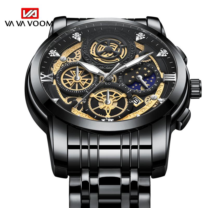 VA VA VOOM Hollow Calendar Men's Watch Multifunctional Diamond Inlaid Steel Band Waterproof Watch