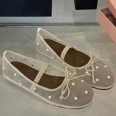 Туфли-лодочки со стразами женские летние новые с круглым носком сетчатые дышащие с бантом Мэри Джейн на мягкой подошве нескользящие балетки