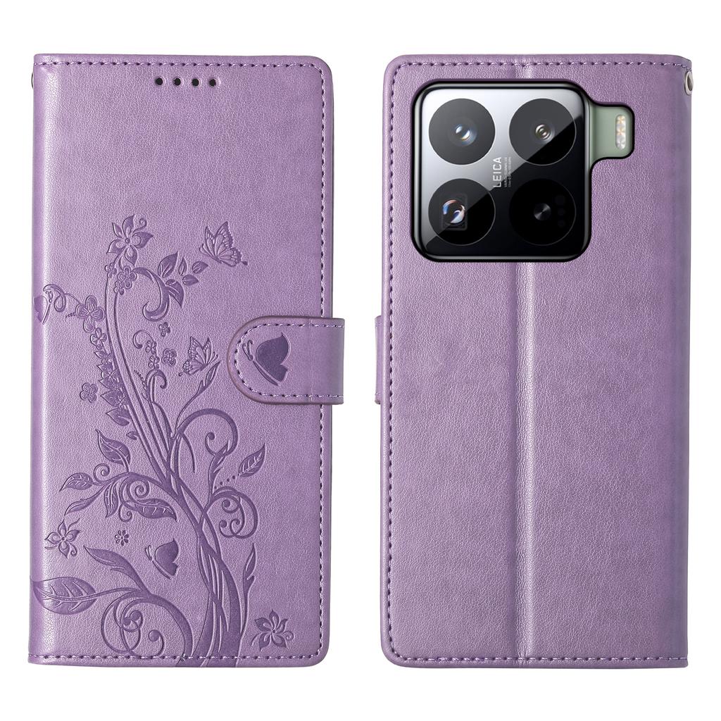 For Xiaomi 15 Pro Wallet Case Butterfly Floral Imprint PU Leather Phone Cover with Wrist Strap