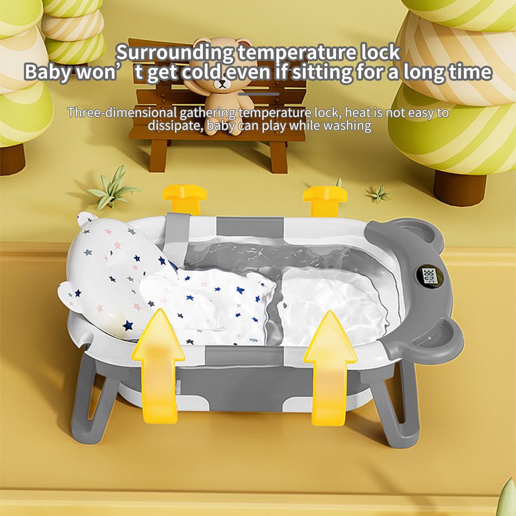 Складная силиконовая детская ванночка Экологичная детская ванночка Мягкая подушка Термометр Водонепроницаемая Цифровое измерение температуры