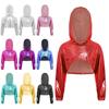 Girls Hip Hop Jazz Dance Performance Costume Asymmetrical Hem Metallic Hoodie Long Sleeve Cropped Hooded Top