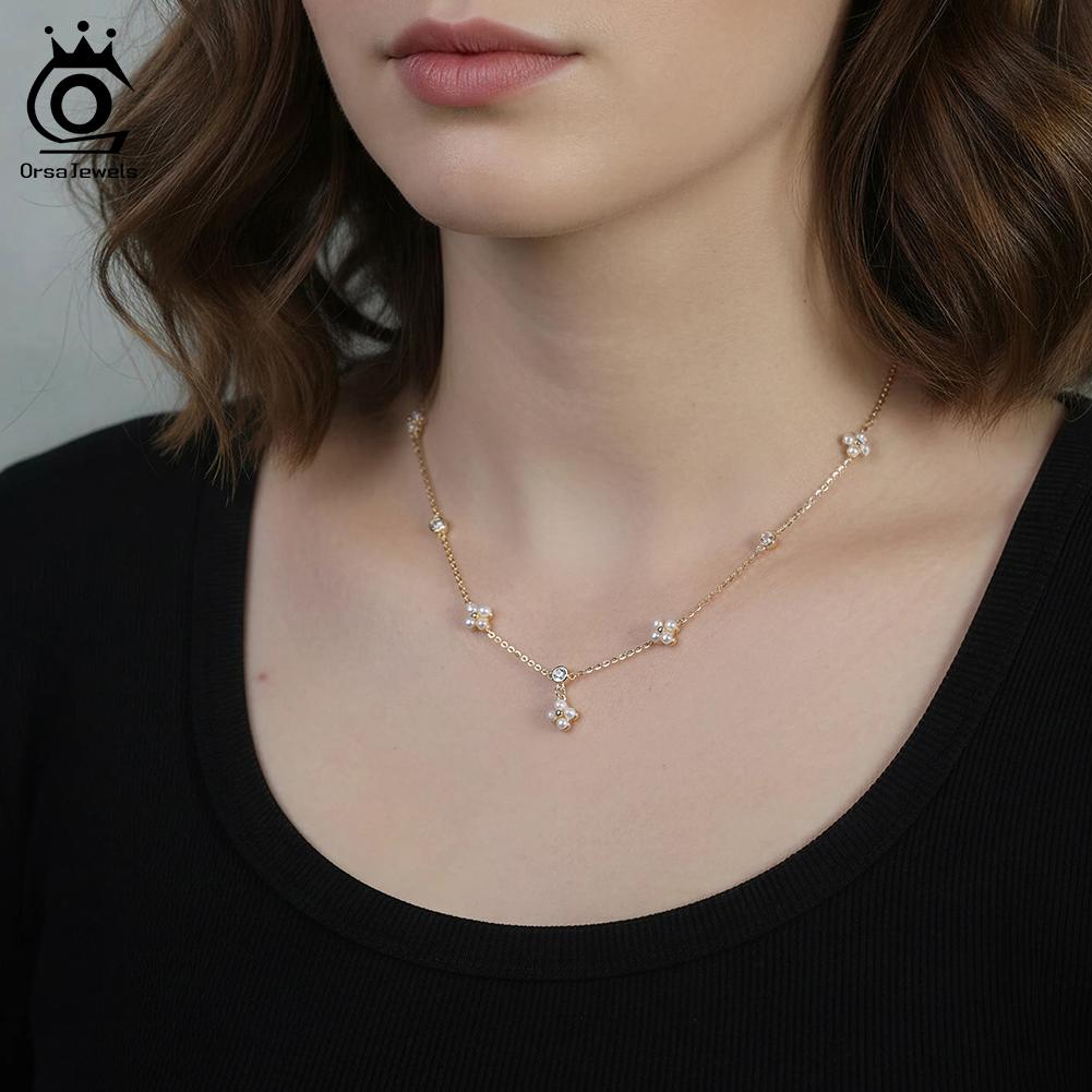 ORSA JEWELS Серебро S925 Золото 14 карат Клевер Жемчужное Ожерелье с Натуральным Жемчугом Украшения для Женщин Свадебная Вечеринка Банкет Подарок GPN100