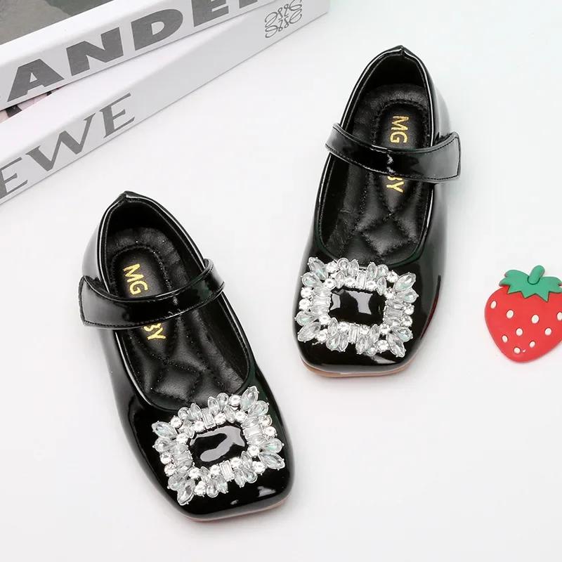 Baby Girls Leather Shoes for Party Wedding Kids Black Mary Janes with Rhinestone Buckle Princess Sweet Chic Children's Flats New