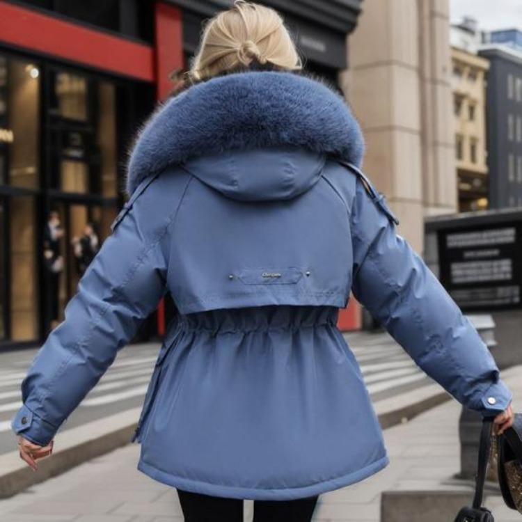 Winter Women Coat Cotton Jacket Furry Hood Thickened Plush Mid Length Long Sleeves Elastic Waist Zipper Closure Pockets