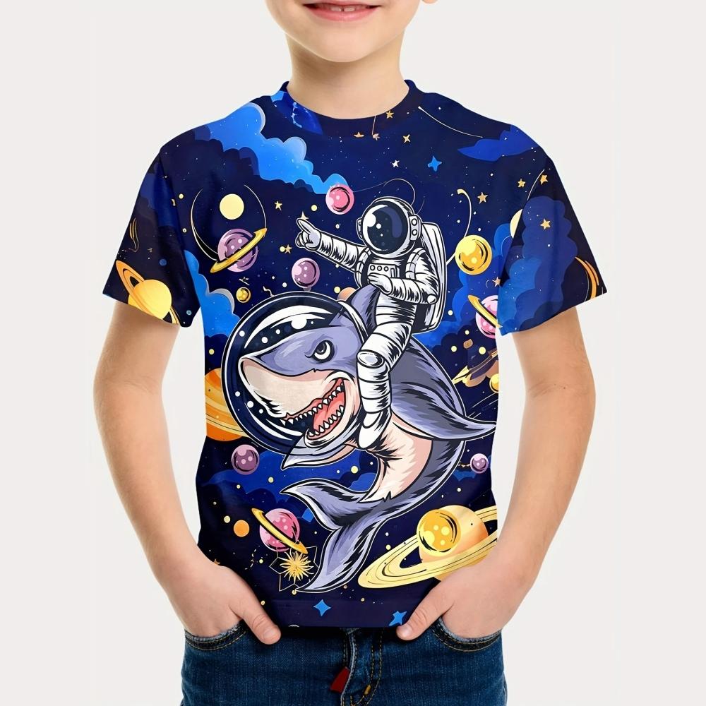 Summer Round Neck 3D Printed Cartoon Astronaut Pattern Top Fashionable Casual Short Sleeved Children's Boy T-shirts