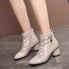 Soft Leather Mesh Cool Boots Spring and Summer Hollowed Out Sandals Women's Rhine-drill Permeable Chunky Heel Ankle Boots Women's Single Boots