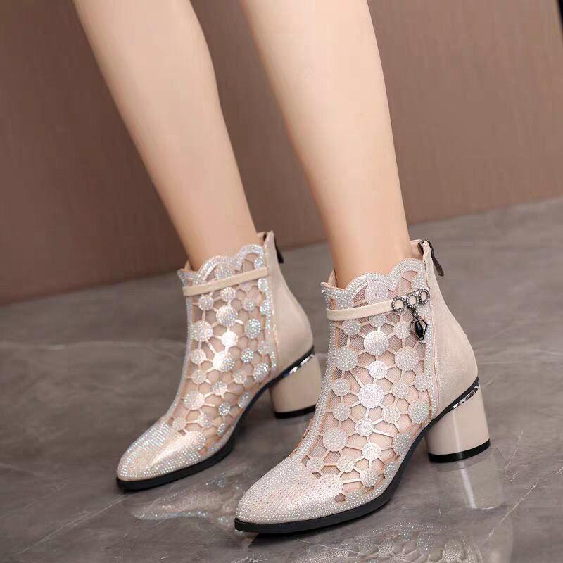 Soft Leather Mesh Cool Boots Spring and Summer Hollowed Out Sandals Women's Rhine-drill Permeable Chunky Heel Ankle Boots Women's Single Boots