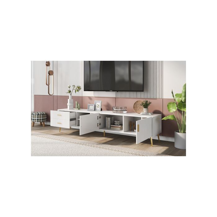 Meuble TV pour TV 75", Centre de divertissement moderne, Console média (Blanc)