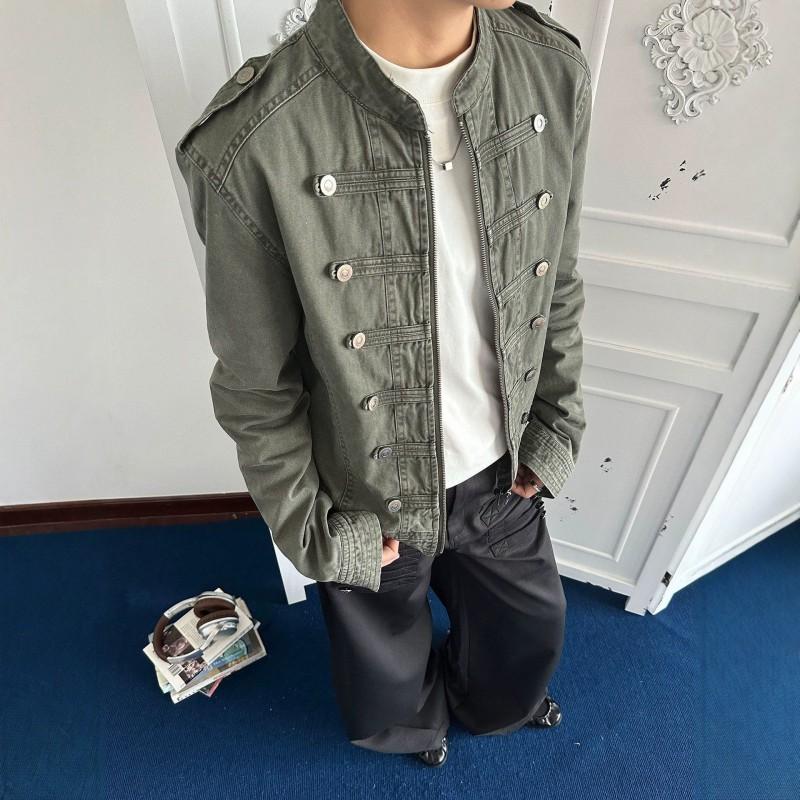 Vintage Distressed Napoleon Court Jacket Mens Boxy Slim Fit Metal Double Breasted Streetwear