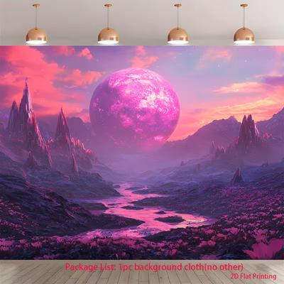 2D Sci-Fi Landscape Backdrop - Pink Alien Planet and River Tapestry for Photoshoot
