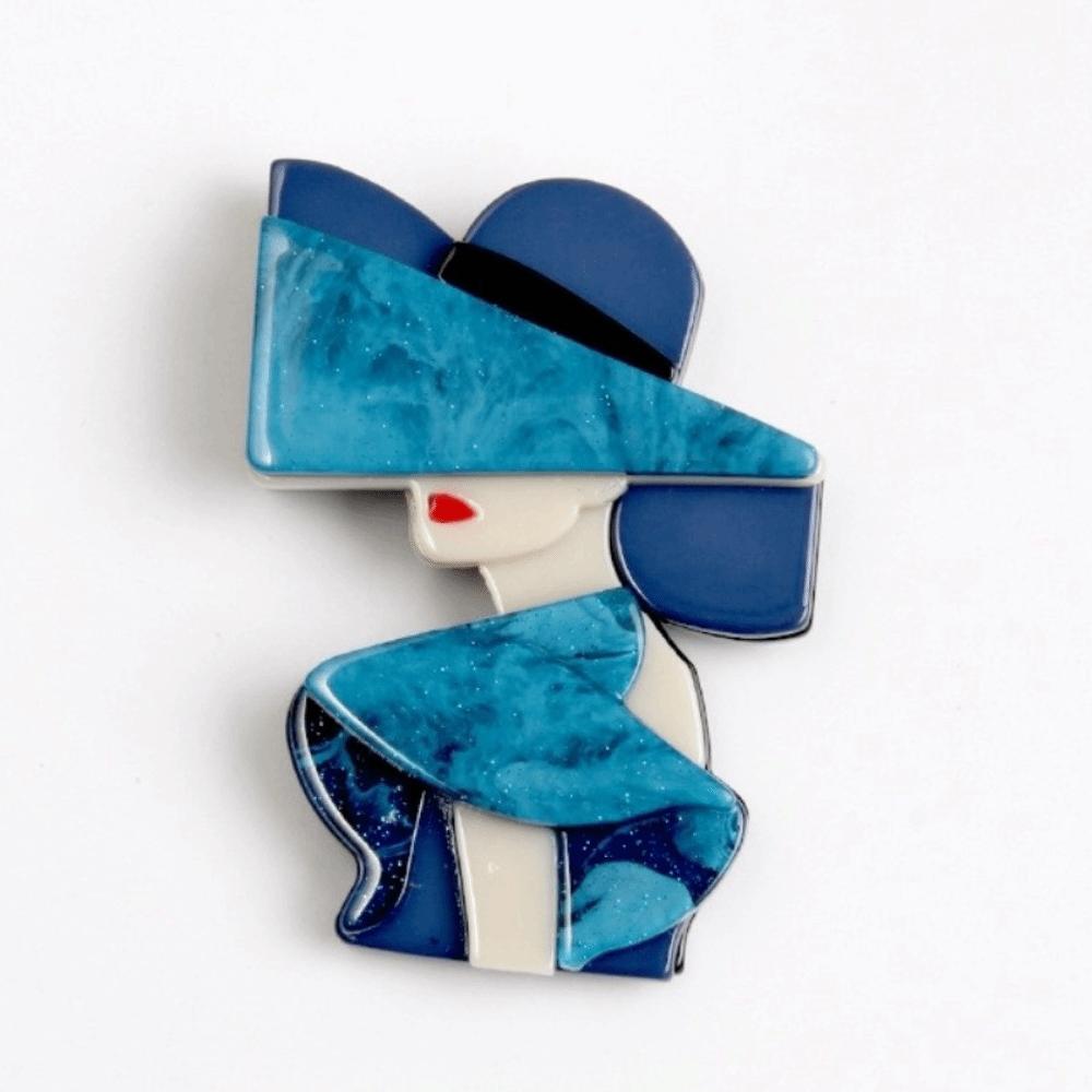 Cartoon Women Portrait Pin Acrylic Girl Badge Retro Lady with Hat Brooch