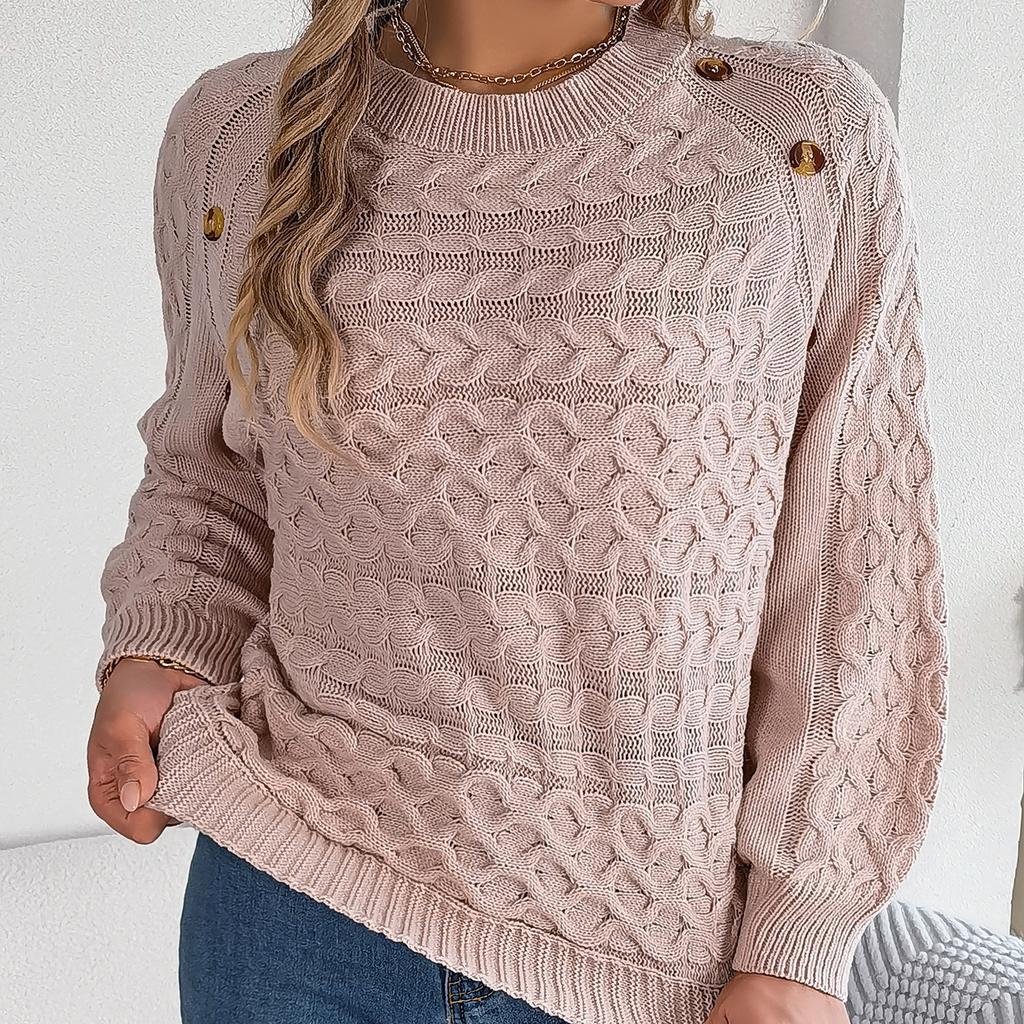 GMXIA Women's Fashion Casual Solid Color Autumn Winter Long Sleeve Round Neck Loose Twist Button Lantern Sleeve Pullover Sweater