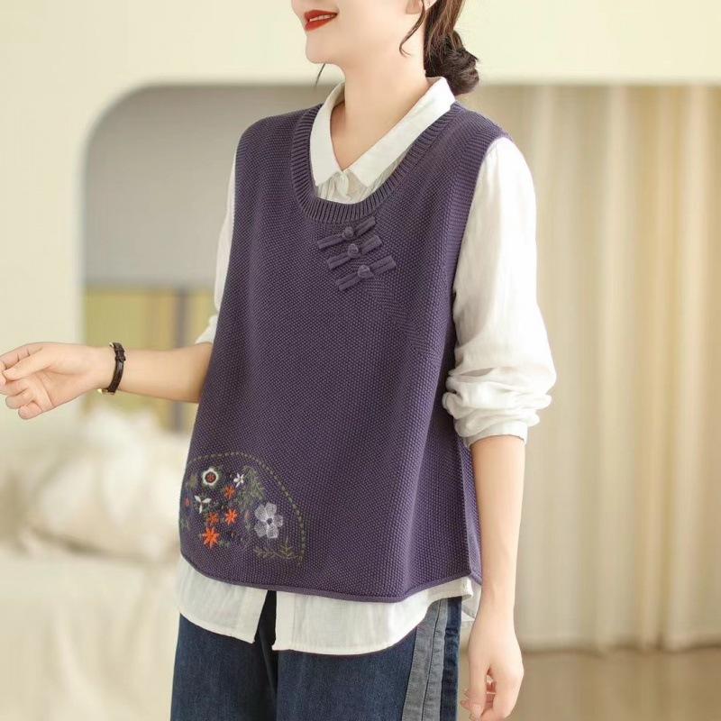 Женский вязаный жилет с культурной застежкой-пуговицей и вышивкой, новинка весны и осени, свитер-жилет с круглым вырезом
