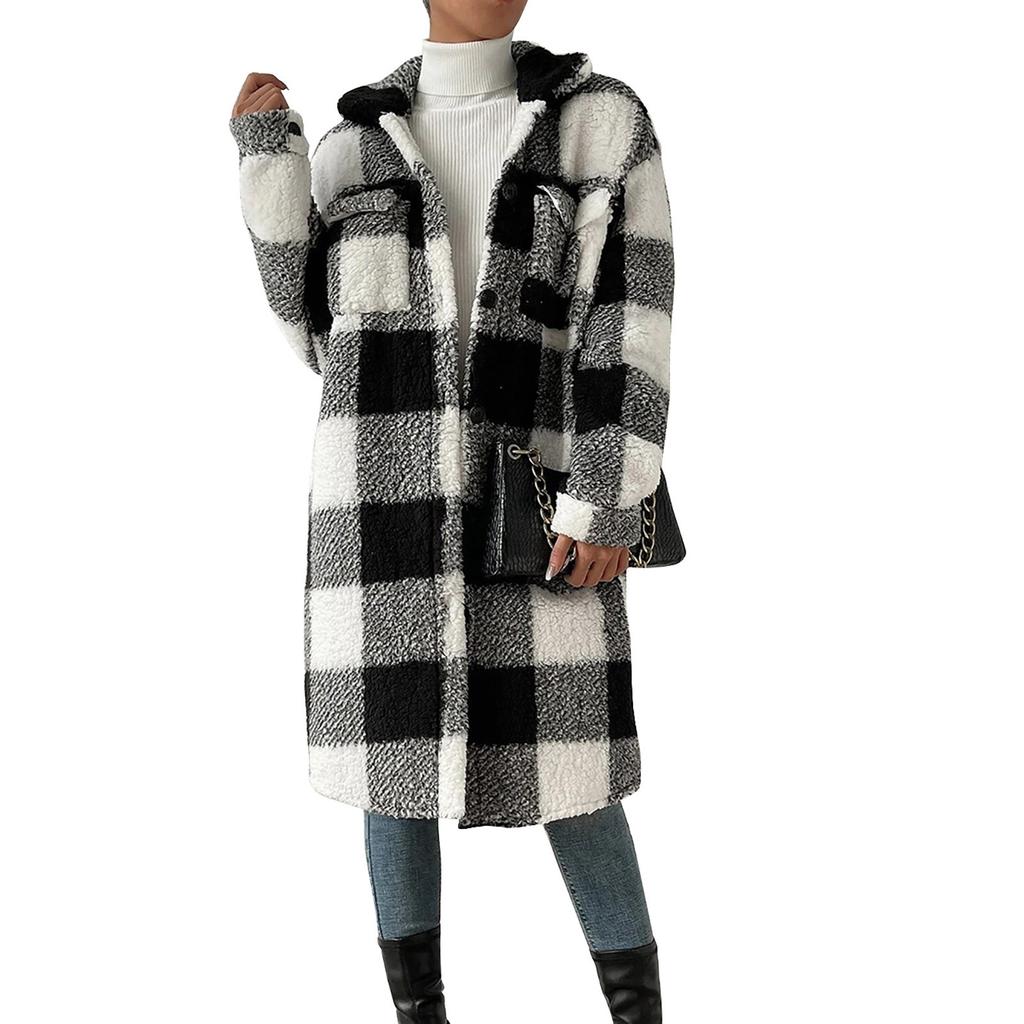 Women's Casual Coat Winter Overcoat Jacket Plaid Print Drop Shoulder Teddy Coat