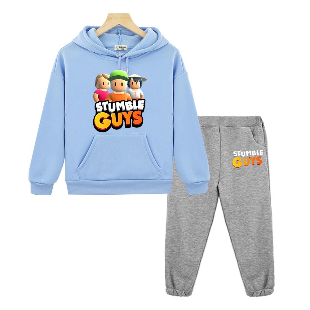 Stumble Guys Boy Girl Hooded Sets Autumn Fleece Sweatshirt Anime Hoodie 2pcs Pullover+pants Casual Jacket Kids Boutique Clothes