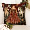 Medieval Princess & Unicorn Throw Pillow Cover, Vintage Floral Gothic Fairy Tale Decorative Cushion For Living Room Bedroom