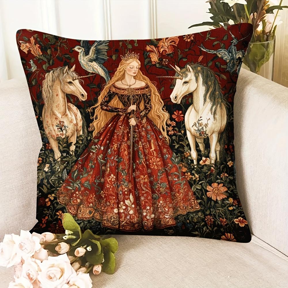 Medieval Princess & Unicorn Throw Pillow Cover, Vintage Floral Gothic Fairy Tale Decorative Cushion For Living Room Bedroom
