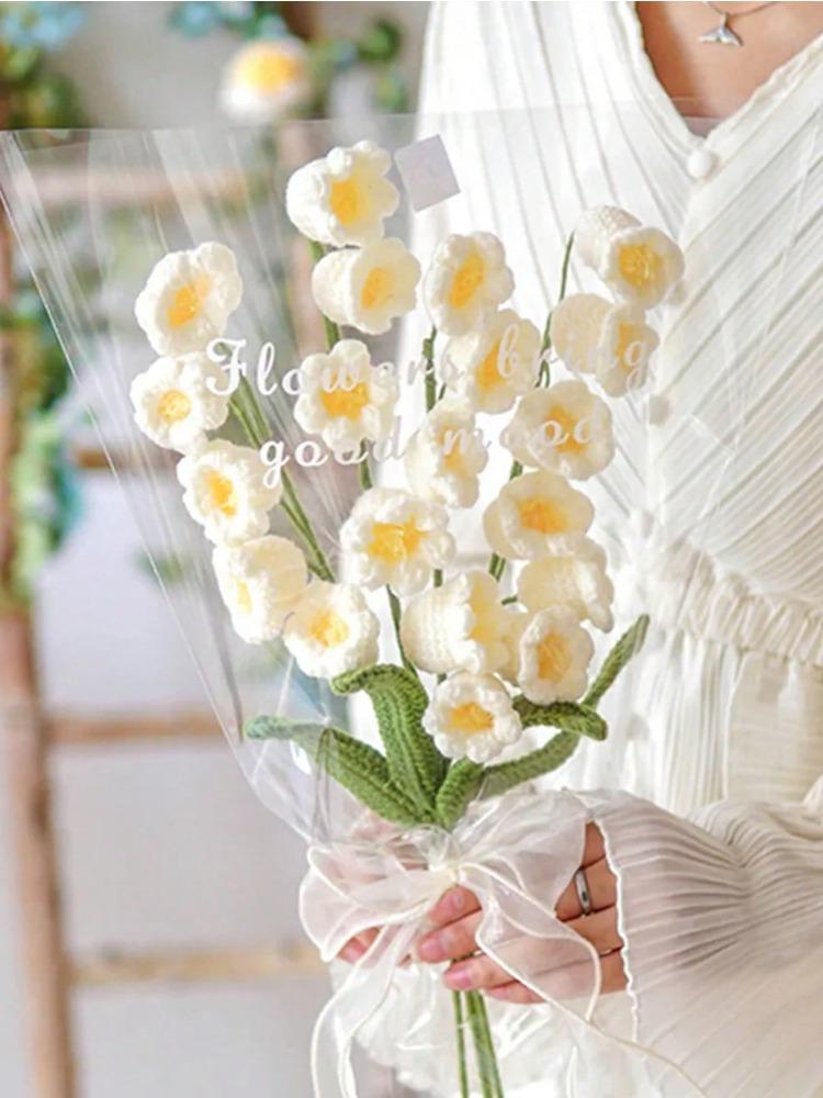 3PCS Artificial Crochet Flowers Handmade Knitting 5Heads Lily of The Valley Woven Flowers with Stems for Valentine's Gifts Home Wedding Party Office
