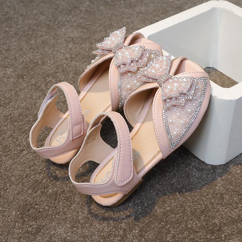 Girls Princess Sandals Peep Toe Kids Toddlers Elegant Rhinestone Sandals Fashion Children Pearls Performance Shoes with Bow-knot