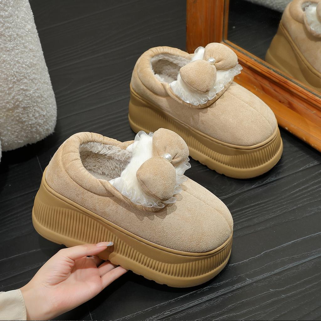 Thick-soled Bow Cotton Slippers Winter Plush Warm Home Indoor Non-slip Bag and Snow Boots