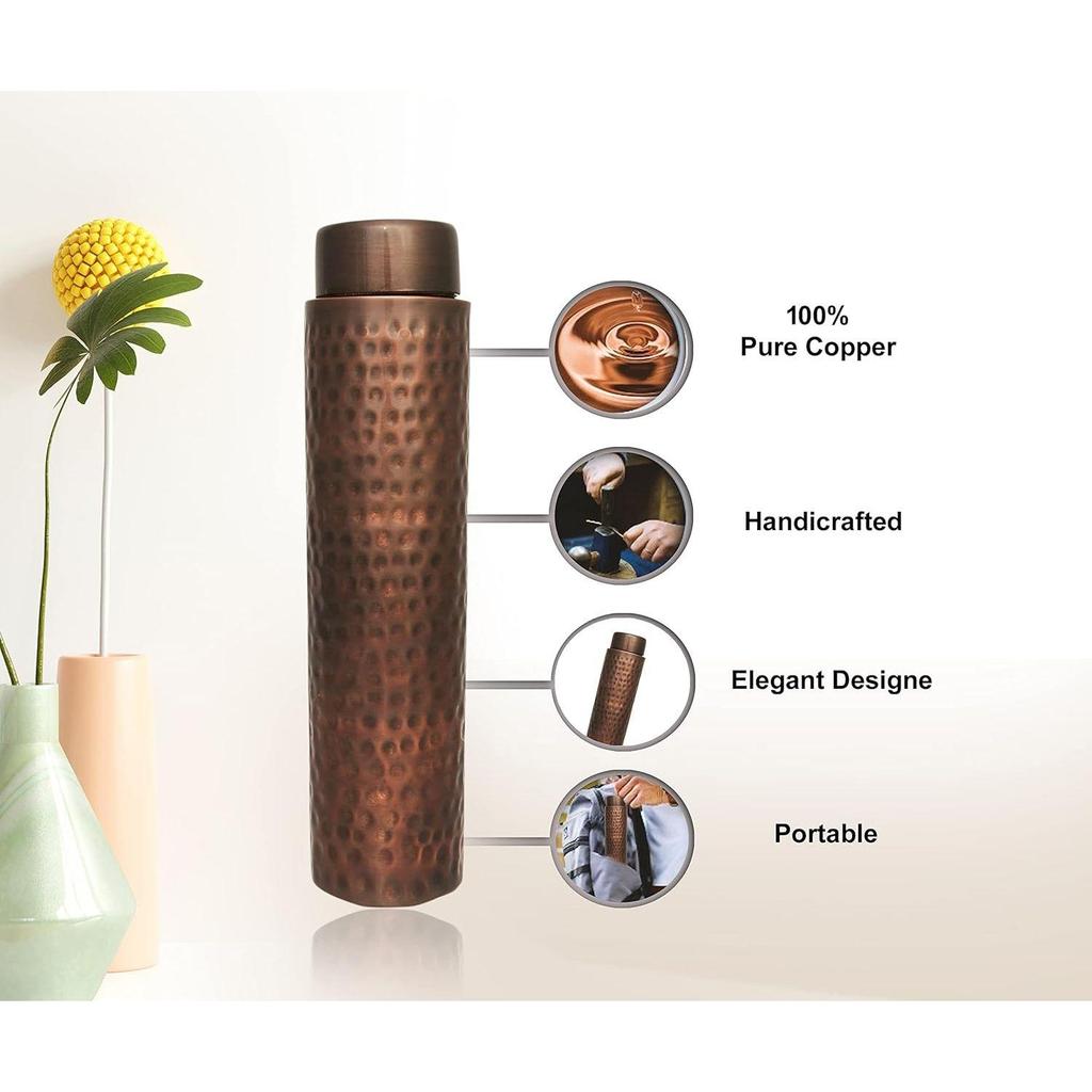 Pure Copper Rarity Curve Diamond Design Water Bottle with Advanced Leak Proof Protection and Joint Less With Antique Look |