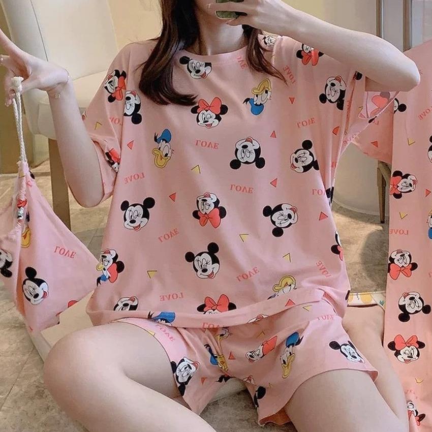 Женская одежда для сна, милый пижамный комплект с мультяшным принтом, летние футболки с короткими рукавами, шорты, одежда для сна