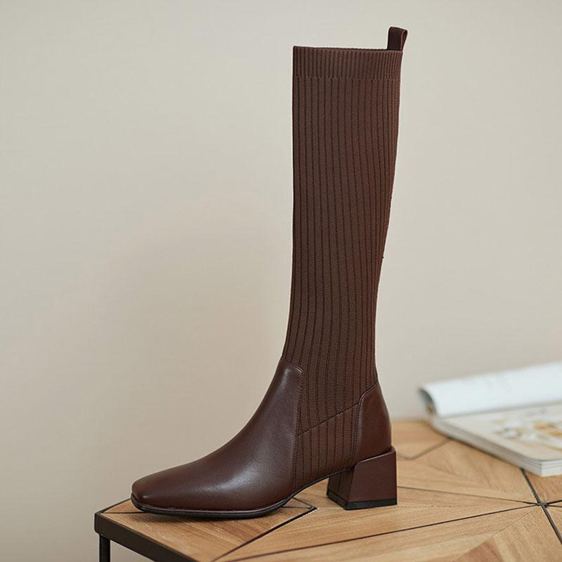 Сапоги-носки женские 2024 весна колено высокие вязаные теплые высокие сапоги на высоком каблуке плетеные повседневные дизайнерские толстые длинные мотоциклетные ботинки