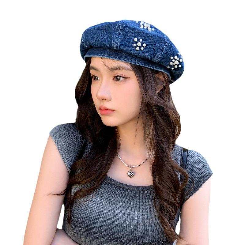 Весенне-осенняя шляпа женская маленькая ароматная ветровая жемчужина декоративный джинсовый берет высокая чувственность универсальная шляпа художника прилив
