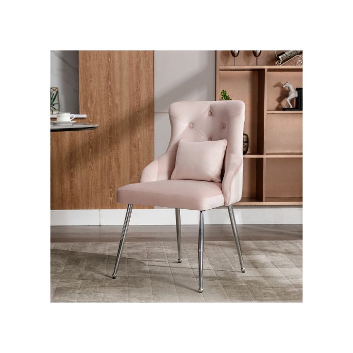 Chaise de salle à manger avec boutons, Fauteuil tapissé, Chaise longue de chambre avec coussin lombaire, Rose