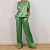 Летний атласный комплект из двух предметов для женщин с круглым вырезом и рукавами «летучая мышь», свободные повседневные брюки со шнуровкой и широкими штанинами, комплект из двух предметов, домашняя одежда для женщин