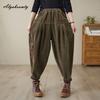 Корейские модные осенне-весенние женские шаровары с высокой талией, черные, хаки, повседневные свободные брюки, винтажные лоскутные хлопковые вельветовые капри