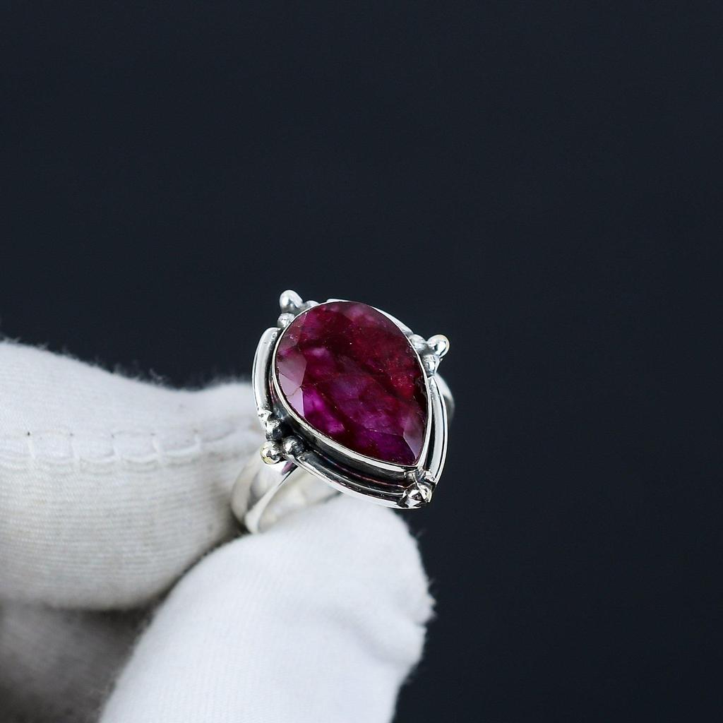 Kashmir Ruby Adjustable 925 Sterling Silver Ring - Fits US Sizes 6 To 10 - Handmade Boho Jewelry for Women & Men, Valentine Gifts