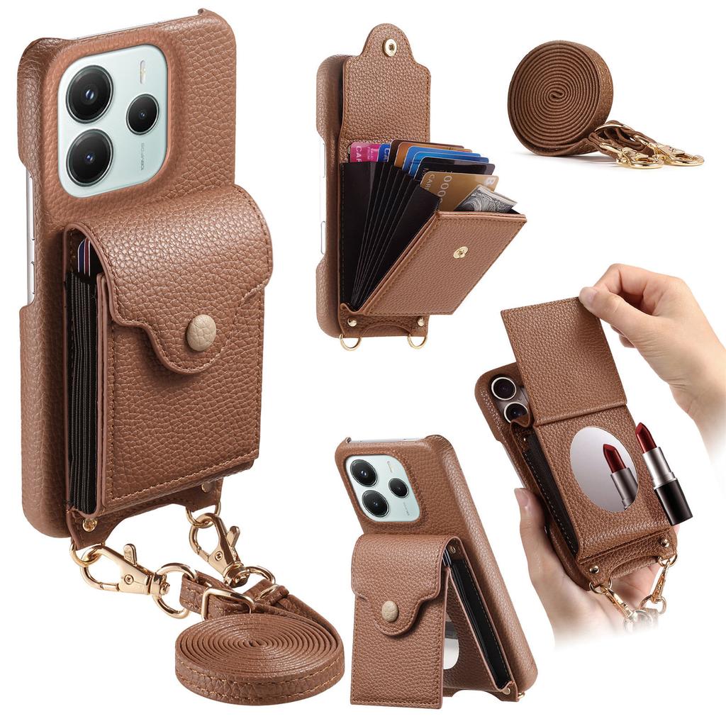For Xiaomi Redmi Note 14 4G (163.25x76.55x8.16mm) Case Mirror Card Holder Litchi Texture Leather Phone Back Cover with Long Strap