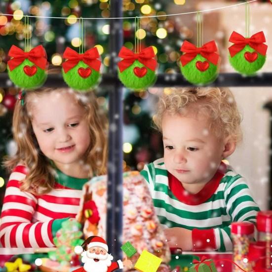 12/16 шт. Рождественские подвесные украшения 6 см зеленые пушистые шарики бант декор легкий многоразовый елочный кулон праздничный декор подарки