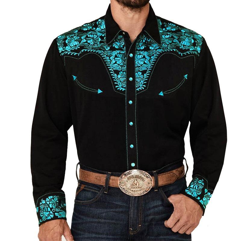 Mens Western Long-Sleeve Shirts Casual Loose Slim Button Down Dress Shirt Tops